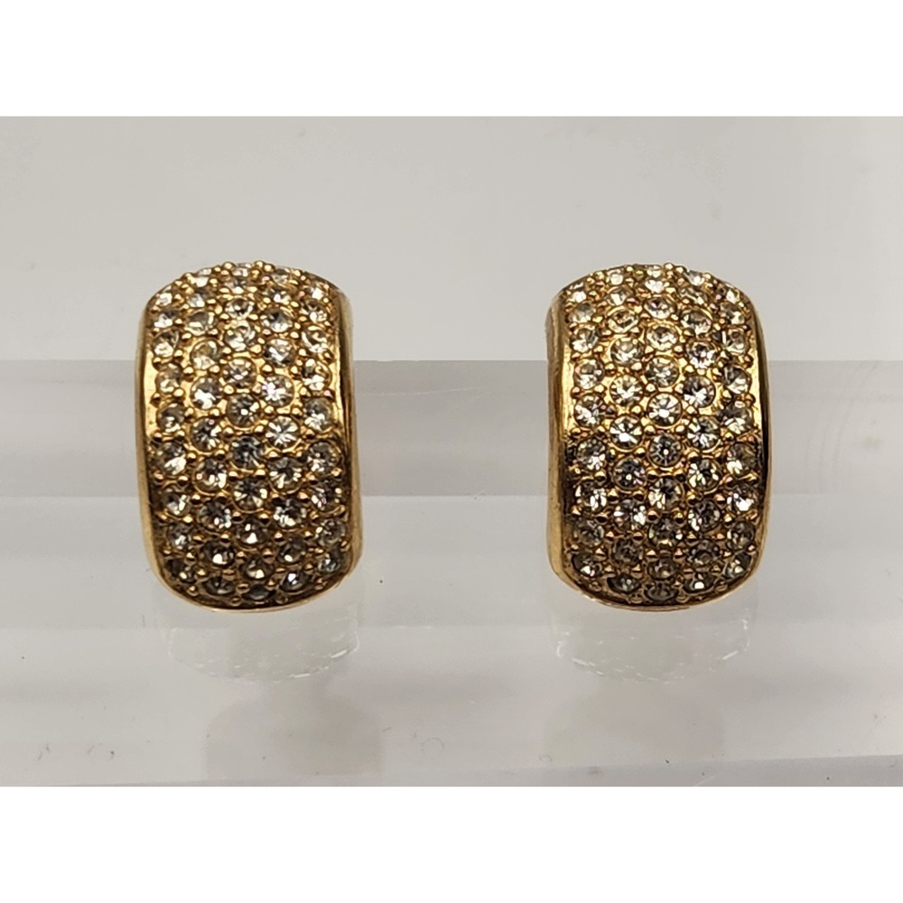 Christian Dior Vintage Gold Tone Pave Rhinestone Dome Clip-On Earrings Couture
